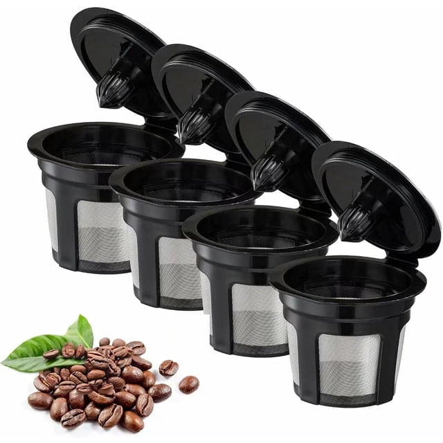 Jinsinto Tasses K Réutilisables, Lot de 4 Filtres à Café Réutilisables à Ajustement Universel avec Maille en Acier Inoxydable de Qualité Alimentaire, Dosettes de Café Réutilisables Écologiques pour Cafetières Keurig 1.0 et 2.0 (Noir)