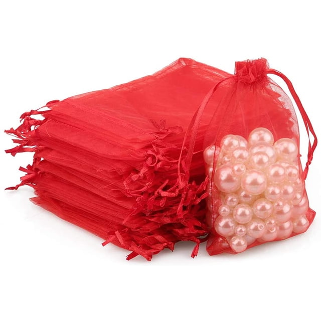 Sacs en Organza pour Cadeaux de Fête, Lot de 100, 10*12 cm, Rouge
