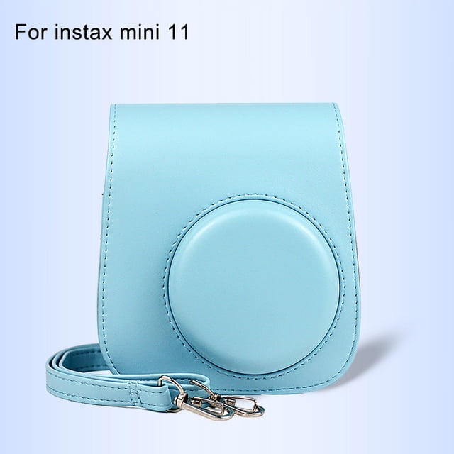 Daisyyozoid Wholesale Instant Camera Case for Instax Mini 11, a solid color protective bag made of premium PU leather in light blue. Features a detachable flip cover, soft microfiber interior, and an adjustable shoulder strap. Includes a back pocket for storing photos temporarily. Designed exclusively for the Instax Mini 11 camera.