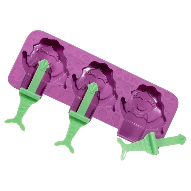 COOL GEAR 3CT MERMAID POP purple BPA-free ice pop mold tray with three mermaid-shaped cavities and green mermaid tail handles, designed for making homemade frozen pops and ideal for kitchenware and food storage organization