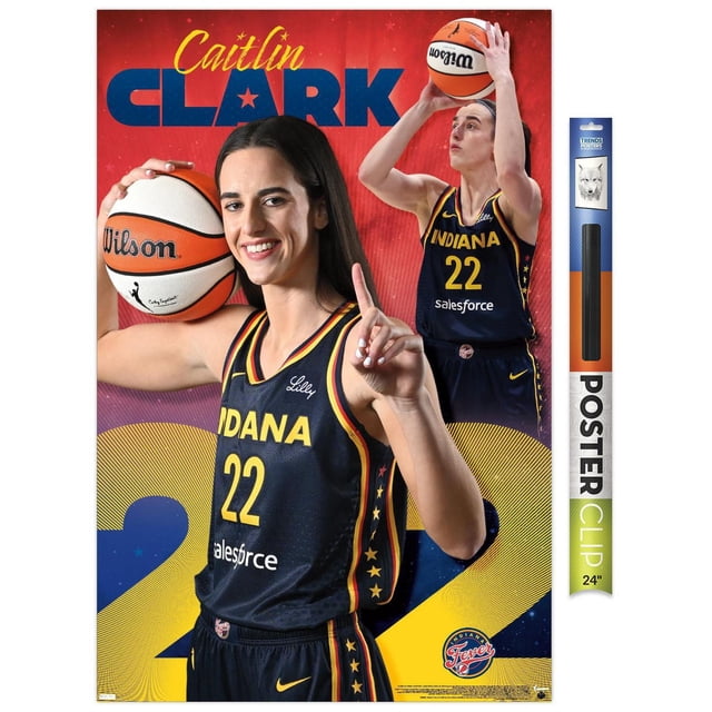 WNBA Indiana Fever - Caitlin Clark 24 Wall Poster, 14.725" x 22.375" framed, depicting Caitlin Clark in Indiana Fever navy blue basketball uniform number 22 with yellow and red trim, holding a Wilson basketball and raising one finger, set against a red and yellow graphic background with large blue and yellow numbers and the Indiana Fever logo, suitable for bedroom or office wall decor.