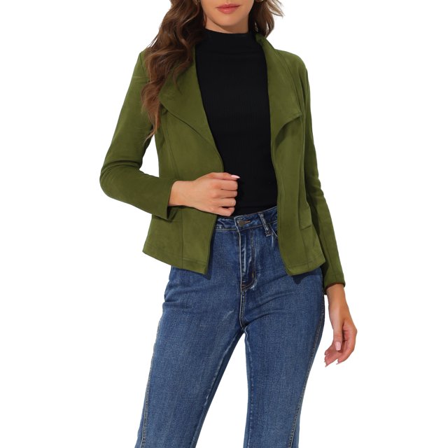 INSPIRE CHIC Blazer à Col Drapé en Faux Suède pour Femme, Manches Longues, Ouvert à l'Avant, Veste S Vert Armée