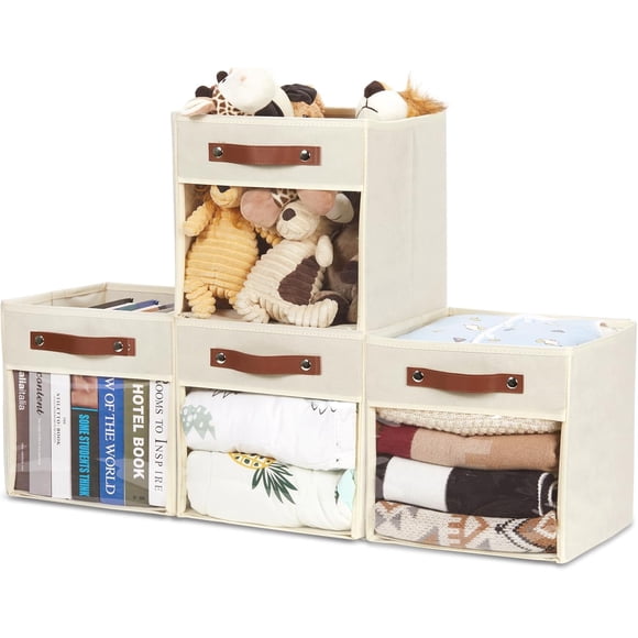 HNZIGE Bac de Rangement pour Cubes de 11 Pouces pour Organisateur de Rangement, Étagère en Tissu pour Organisateur de Cubes, Bacs de Rangement en Toile Transparente, Cube Pliable Décoratif pour Rangement de Cubes en Tissu pour la Maison (Crème 4 Pcs)