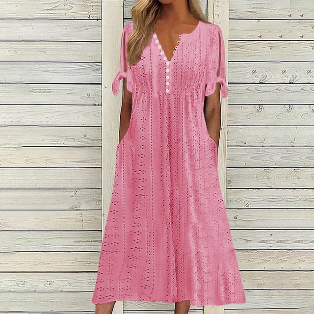 Babysbule Liquidation Robes d'Été pour Femmes, Mode Femmes Décontractée Ample Imprimé Papillon Col en V Manches Mi-Longues Boutons Poches Robe Longue