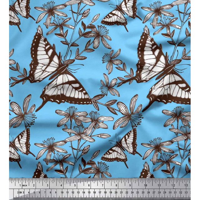 Soimoi Blue Modal Satin Fabric Flower & Butterfly Print Fabric by The Yard 42 Inch Wide