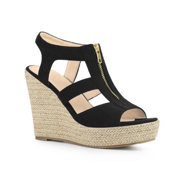 BLISSFUL STEP Women's Platform Heels Slingback Zipper Wedge Sandals Black (Size 10)