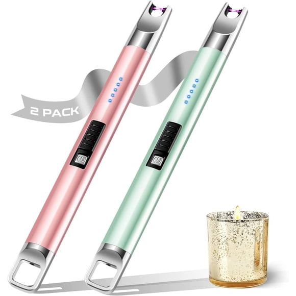 YOPTOP Candle Lighter 2 Pack,Electric Lighter USB Rechargeable Long Plasma Arc BBQ Lighter Windproof&Flameless with LED Battery Display for Candles, Gas Stove, Grill