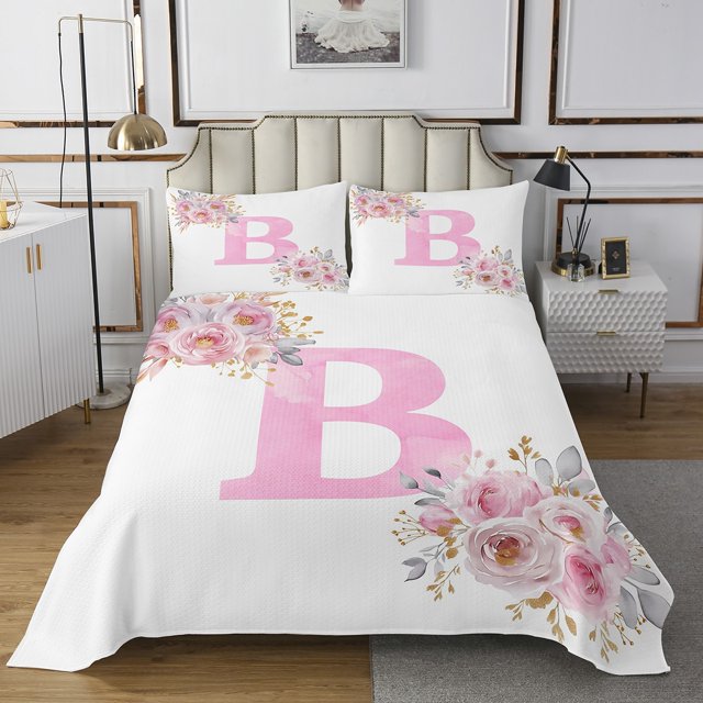 Erosebridal Courtepointe Rêveuse Initiale A-Z Ensemble Jumeau, Lettre Initiale B 02, Déco Rose Rose