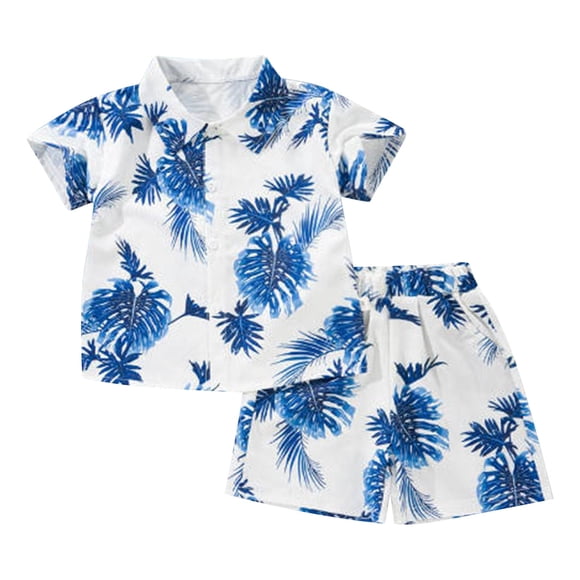 Boys Hawaii Summer Beach Outfit 2Pcs Set Button Down Shirt Top with Shorts Tropical Print Kids Casual Wear for Toddlers 1-5 Years