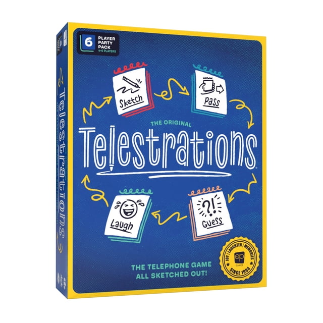 USAopoly Telestrations 6 Player (2nd Edition) Board Game box with blue background and yellow border, showing illustrated gameplay steps: sketch, pass, guess, and laugh. Suitable for 4-6 players aged 10+, this classic party game encourages fun and creative miscommunication.