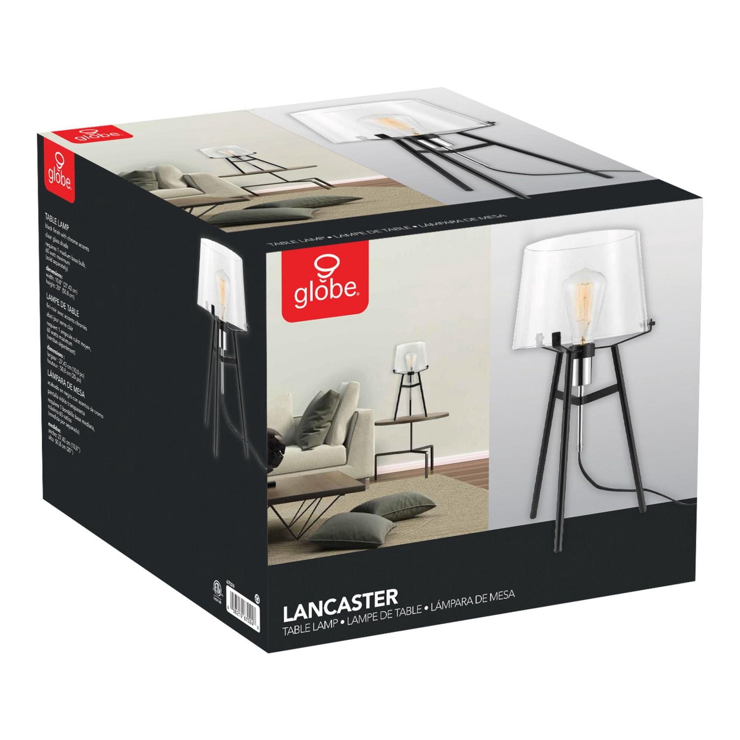 Globe Electric Lancaster 20" Table Lamp, Black Finish, Exposed Chrome Socket, Metal Base, Clear Glass Shade, In-Line Rocker Switch, 67024