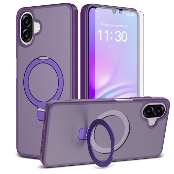 Asuwish Phone Case for Samsung Galaxy A06 A07 4G/5G Tempered Glass Screen Protector Magnetic Folding Stand Frosted Translucent Rugged Shockproof Protective Cell Cover Ao6 A 06 Women Men Deep Purple