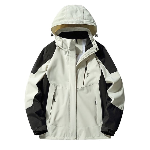 ManxiVoo Detachable Hood Women's Rain Jacket Multi-Purpose Hiking Windcoat With Adjustable Cuffs For Commuting L Size Beige