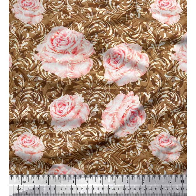 Soimoi Crepe Silk Fabric Check & Roses Floral Print Fabric by Yard 42 Inch Wide