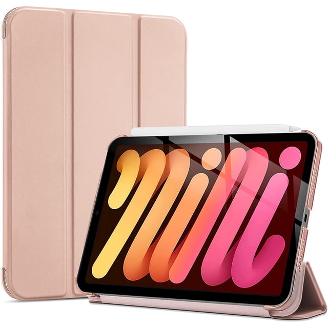 Case For iPad Mini 6 Case 6th Generation Stand Folio Mini Cover in rose gold, designed for 2021 Apple iPad Mini 6th Generation. A lightweight, shockproof tablet case with a synthetic leather exterior, precise cutouts for cameras, speakers, ports, and buttons, and a built-in stand for versatile viewing angles. Durable ABS material back protects against drops and scratches.