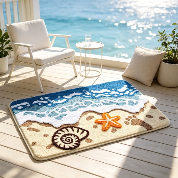 Weloille Nautical Flocked Bath Mat Rubber Backed 15.75x23.62 Inches Absorbent Floor Mat, Home Comfort Piece for Bedroom Lounge Reading Corner, Everyday Fabric Helper for