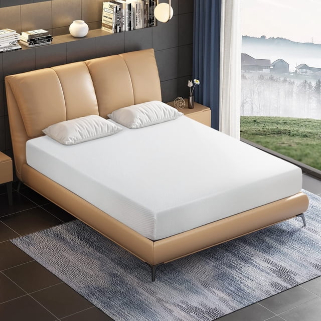 FDW Full 8 Inch Medium-Firm Gel Memory Foam Mattress, CertiPUR-US Certified, Pressure Relief, White, shown on a tan upholstered bed frame in a modern bedroom. The mattress has an 8-inch profile with a medium-firm feel, offering cooling gel technology for temperature regulation and memory foam for pressure relief on key areas like hips and shoulders. It is CertiPUR-US certified, ensuring safer materials for healthier sleep. The room features a blue area rug, minimalist decor, and a large window with a scenic outdoor view.