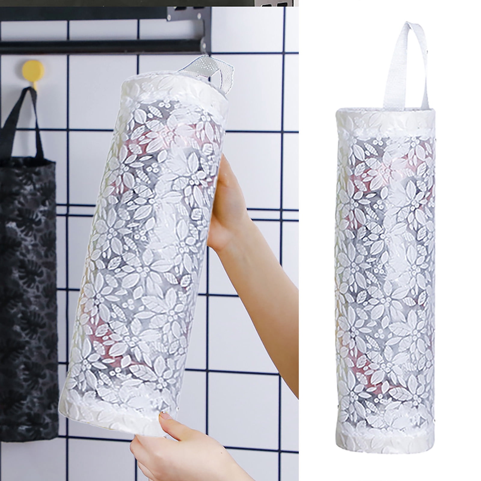 Under $5! Kingtowag Kitchen Trash Bags, Hanging Garbage Bag Storage Bag Pattern Grid Transparent Plastic Bag Secondary Use Hanging Bag White, Multipurpose, Super Strong, Patented Reinforced Bottom