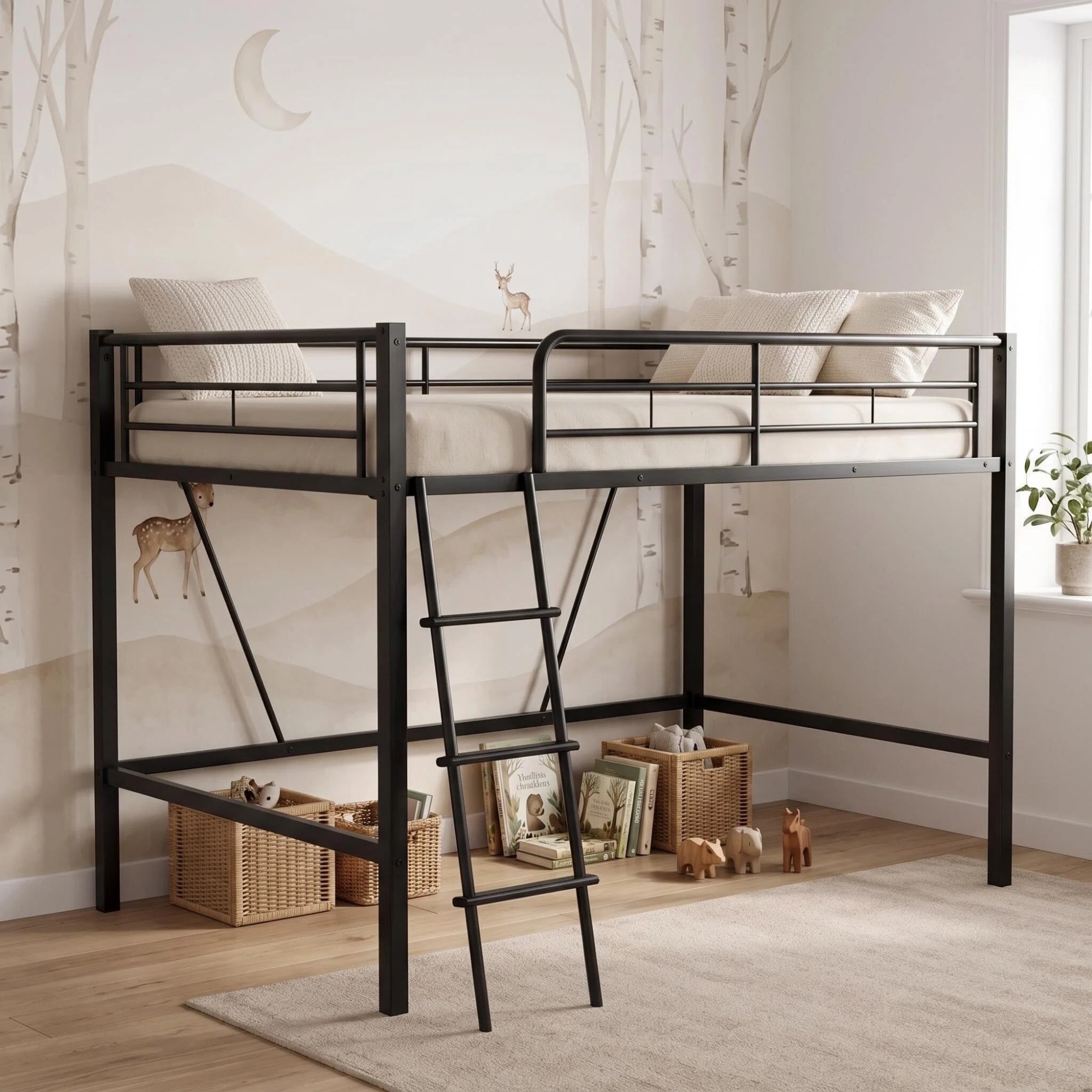 Noble House Metal Twin Loft Bed Frame,Heavy Duty Steel with Removable Ladder & Full Guardrail,Under-Bed Space No Box Spring,Black