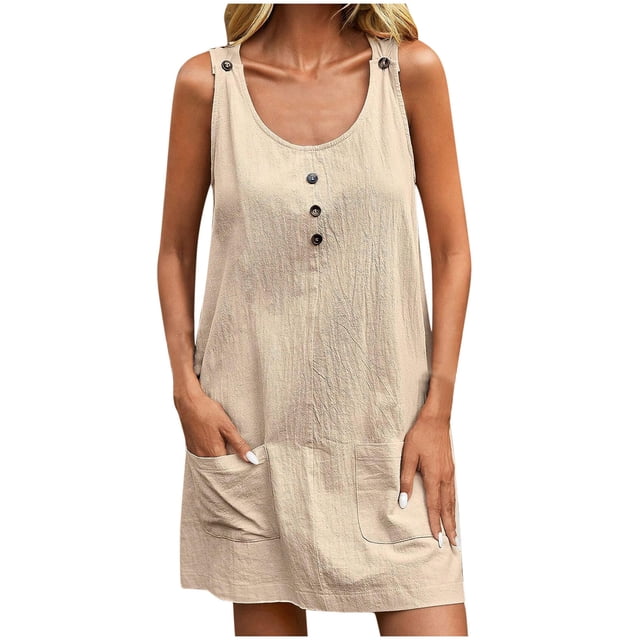 Timegard Robes d'Été pour Femmes Col Rond à Boutons Décontracté Sans Manches Courte Robe Modeste avec Poches