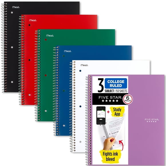Five Star Cahiers à Spirale Plus Application d'Étude, Lot de 6, 3 Sujets, Papier Ligné College, 11 Pouces x 8-1/2 Pouces, 150 Feuilles, Noir, Rouge, Vert, Bleu, Blanc, Violet (
