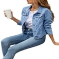 thumbnail image 4 of Veste en Denim Unie pour Femmes, Décontractée, à Manches Longues, Boutonnée, avec Poches Poitrine, Veste en Jean, 4 of 7