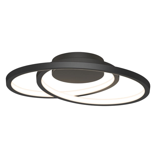 Salto Black Flush Mount ceiling light with a modern spiral design featuring two intertwined black rings with integrated tunable white LED lighting, providing 1000 lumens brightness and dimmer compatibility, ideal for living rooms, dining rooms, or bedrooms.