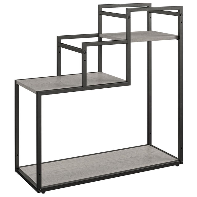 Novogratz Weston Plant Stand in espresso with a powder-coated metal frame and laminated particleboard shelves arranged in a stepped design, featuring two smaller upper shelves and a larger bottom shelf suitable for potted plants, collectibles, or decorations.