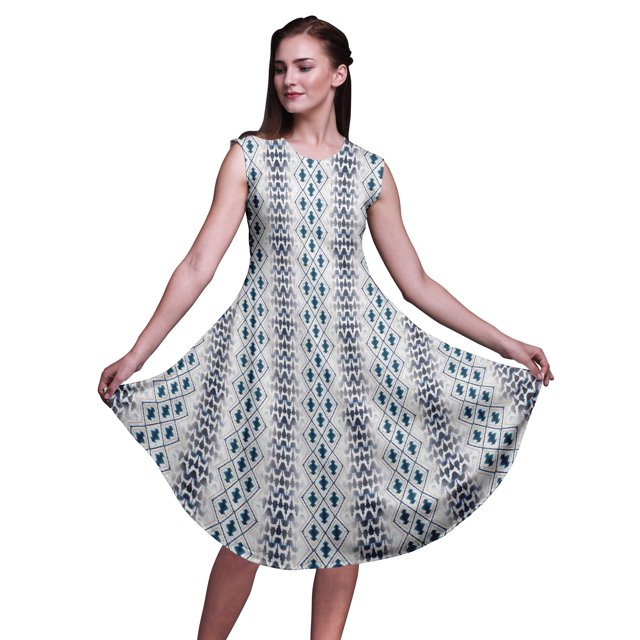 Bimba Robe Midi Évasée d'Été Sans Manches à Imprimé Floral Décontractée pour Femmes Ikat Shibori Bleue - Petit
