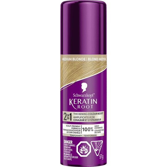 Schwarzkopf Keratin Root Temporary Hair Colour Spray, Medium Blonde - Salon Inspired Temporary Hair Dye, for up to 100% Grey Coverage and Thicker Looking Roots, Ammonia free