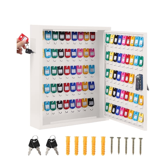 Heavy Duty Steel Key Cabinet Organizer with Lock – 88 Numbered Hooks – Colored Key Tags for Easy Organization – Secure Wall Mounted Storage for Home, Office, Hotel, Garage – White, 88 Pieces