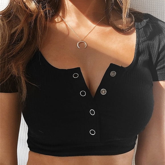 DondPO Crop Tops,Going Out Tops Womens Button Short Sexy Crop Round Top Tank Sexy Neck Blouse Slim Sleeve Top T-Shirt Women's Blouse Sexy Tops,Cute Tops,Summer Tops for Women 2024 Black L