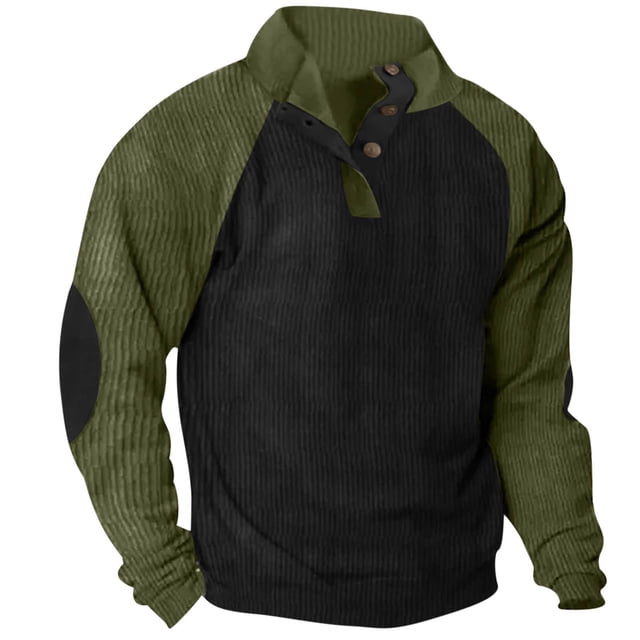 Besolor Mens Corduroy Sweatshirts Color Block Lapel Collar Button up Pullover Mock Neck Long Sleeve Sweaters Tops