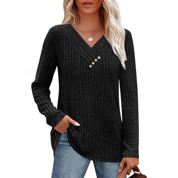 Black Crochet Warm Striped Basic T Shirts for Women Winter Fall Long Sleeve Vneck Spandex Tops T shirt Women Button 2025 Clothing Country Concert XXL