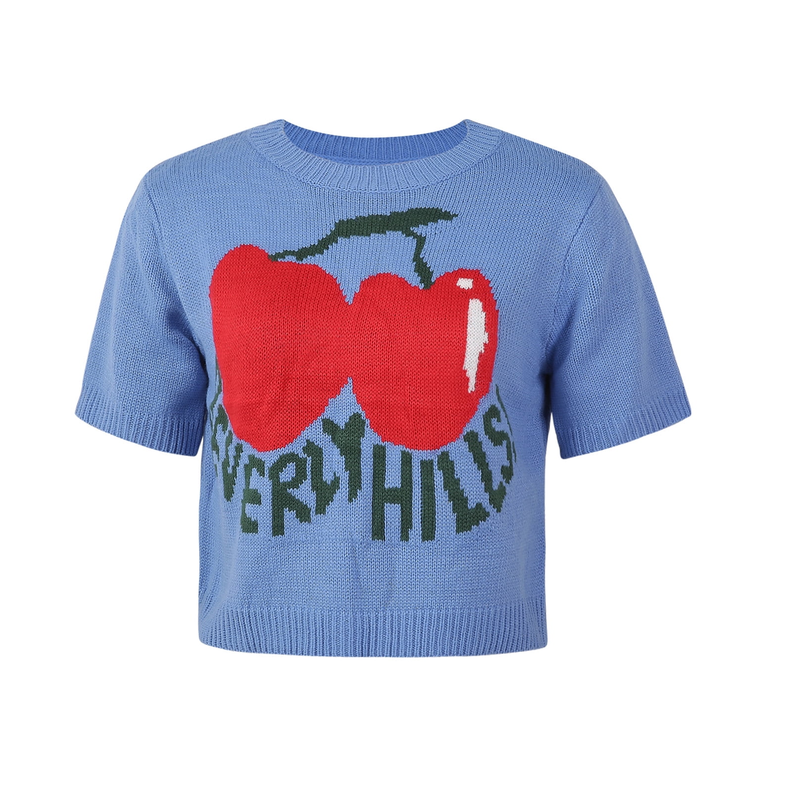T-Shirts à Imprimé Cerise Tricotés à Manches Courtes Haut Chemise pour Femmes Adolescentes Filles Y2k