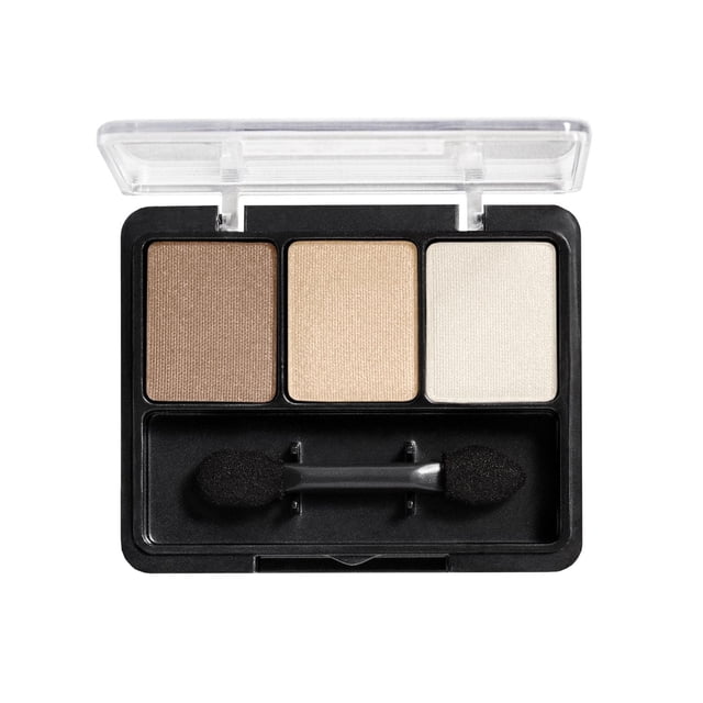 COVERGIRL Eye Enhancers 3-Kit Eyeshadow with three silky, sheer shades—matte brown, pearly beige, and shimmery off-white—in a black compact with a clear lid and double-ended sponge applicator, suitable for blending natural or bold eye looks.