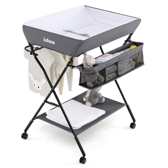INFANS Baby Changing Table with Wheels, Portable Folding Diaper Station Nursery Organizer with Storage Basket, Hanging Rack, Adjustable Height, Safety Belt for Newborn Infant
