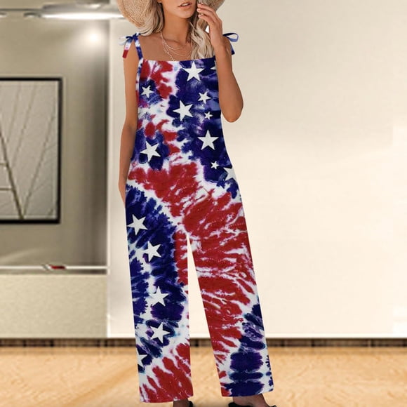 Virmaxy Jumpsuits for Women Independence Day Star Spangled Print Rompers Sleeveless Adjustable Straps Coveralls Wide Leg Overalls For Women Loose Fit Red L