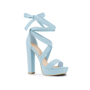 BLISSFUL STEP Chaussures pour Femmes à Plateforme à Talons Hauts à Lacets à Bout Ouvert Sandales à Talon Épais Bleu Ciel 6