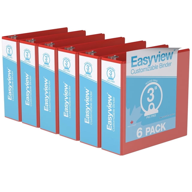 Davis Group Easyview Premium round ring customizable view binder 6 pack with 3-inch rings, red binders with clear blue overlays on front, spine, and back covers, made from PVC-free polypropylene and recycled board, made in Canada, ideal for organizing manuals and reports.