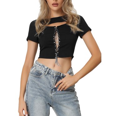 INSPIRE CHIC Crop Top pour Femme en Tricot Côtelé Aguichant à Chaîne devant Manches Courtes Blouse de Boîte de Nuit Fête Noir TP