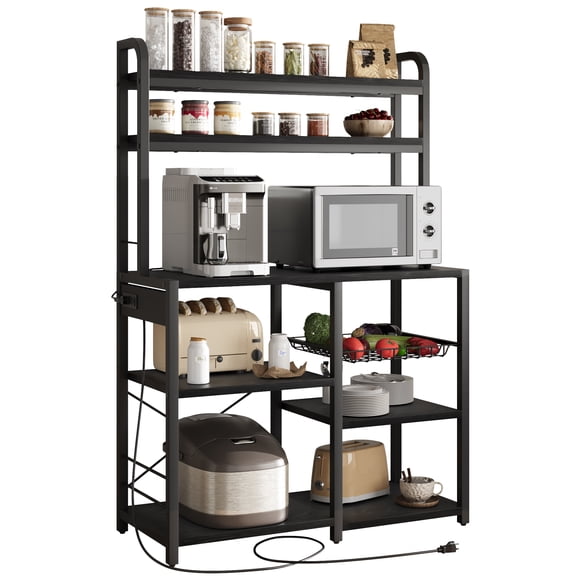 6-Tier Bakers Rack with Power Outlet – Rustic Black Freestanding Kitchen Organizer, Coffee Bar & Microwave Stand – Large Storage Shelves, Wire Drawer & Hutch – For Dining or Living Room – Black