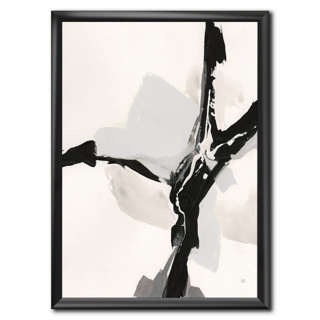 Designart Abstract Neutral III Framed Wall Art with a centered abstract pattern of bold black brushstrokes over soft gray and beige watercolor shapes on premium cotton canvas, mounted in a 1.5-inch black frame. It includes a hanging kit and is suitable for modern home or office décor.