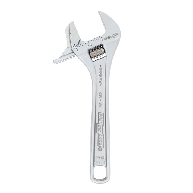 CHANNELLOCK 6" adjustable wrench with reversible jaw and extra wide chrome vanadium steel construction, laser engraved inch and millimeter scales, precise 4-thread knurl adjustment, and tapered handle with hanging hole, made in Spain, ideal for gripping bolts and round stock in confined spaces.