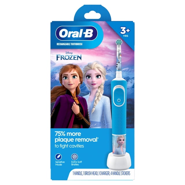 Oral-B Kids Electric Toothbrush featuring Disney's Frozen for kids 3+, rechargeable with a blue textured handle and extra soft round brush head featuring Olaf, includes 1 handle, 1 brush head, 1 charger, and 4 Frozen-themed handle stickers, designed for gentle cleaning and 75% more plaque removal than manual toothbrushes.