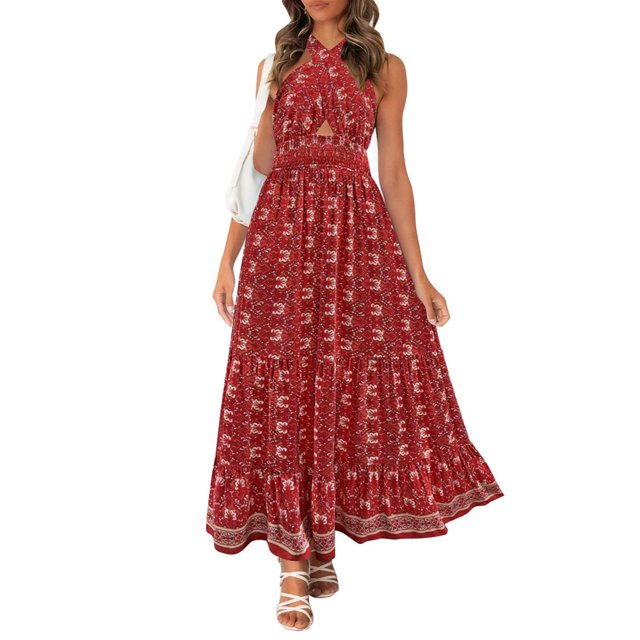 Women‘s Summer Crossover Halter Neck Sleeveless Plaid Cut Out Backless Flowy A Line Maxi Dress Pink XL