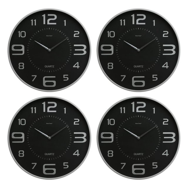 kieragrace Austin Wall Clock - 18"- Silver, Set of 4 with four identical round black-faced clocks featuring silver Arabic numerals and hands, slim silver frames, and quartz movement, designed for clear time display in home or office settings.