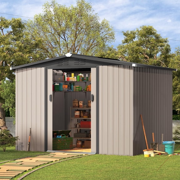 AECOJOY Abri de Rangement Extérieur 8 x 6 Pi avec Porte Verrouillable, Armoire en Métal pour Patio, Jardin, Cour Arrière, Gris