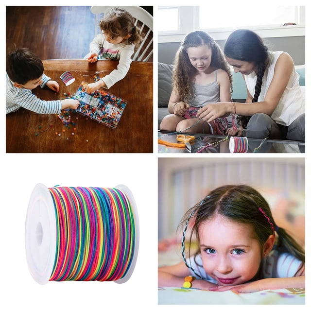 Nylon Elastic Cord for DIY Jewelry Making Stretchable Beading Thread Round Craft String Bracelet and Necklace Supplies. The image shows a spool of 0.8 mm round elastic cord in vibrant rainbow colors, ideal for creating stretchable bracelets, necklaces, and other DIY crafts. Made from durable nylon and spandex, the cord offers flexibility and strength, ensuring long-lasting use. The spool contains 100 meters of cord, providing ample supply for multiple projects. Additional images depict children and adults using the cord for beading and crafting activities, showcasing its versatility and ease of use.