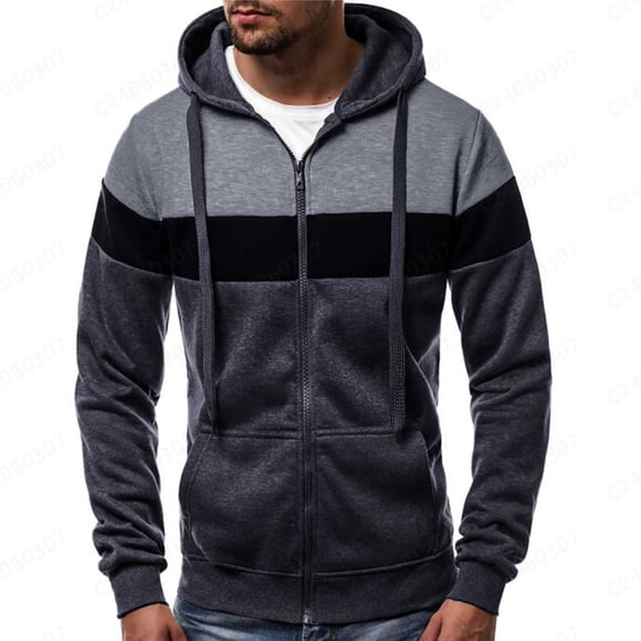 Cardigan à Capuche pour Homme à Fermeture Éclair, Chandail à Capuchon avec Motif Patchwork Tricolore, Coupe Ample, Manteau de Sport Décontracté pour un Confort Quotidien